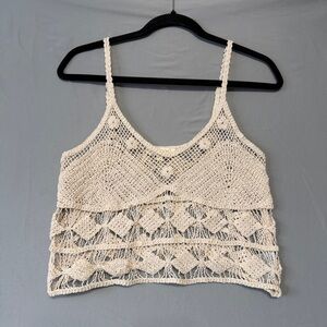 Rebellion Womens Boho Crochet Cropped Tank Top Size L Cream Cotton Festival